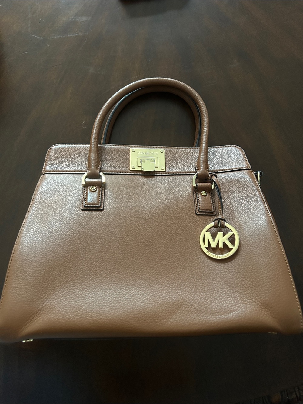 Michael Kors Cognac Pebbled Leather Satchel Tote with MK Charm